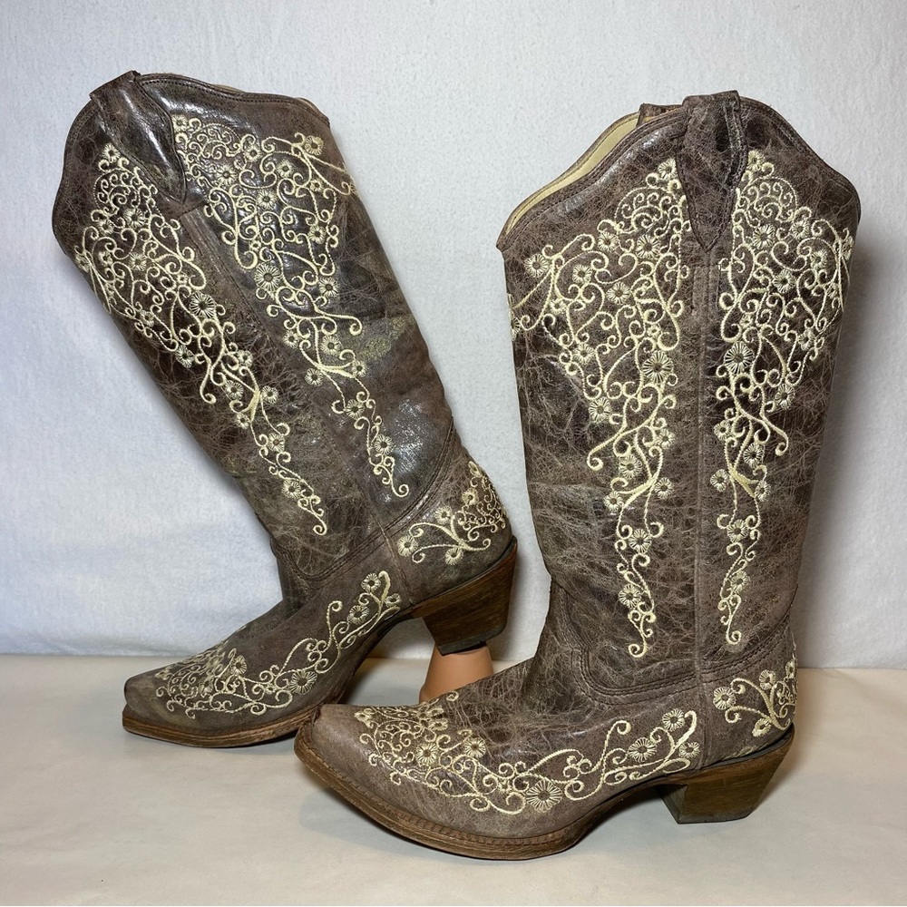 Corral Cowgirl Boots Crater Bone Embroidery Leather Western Snip Toe Women 7.5 M - Picture 4 of 10